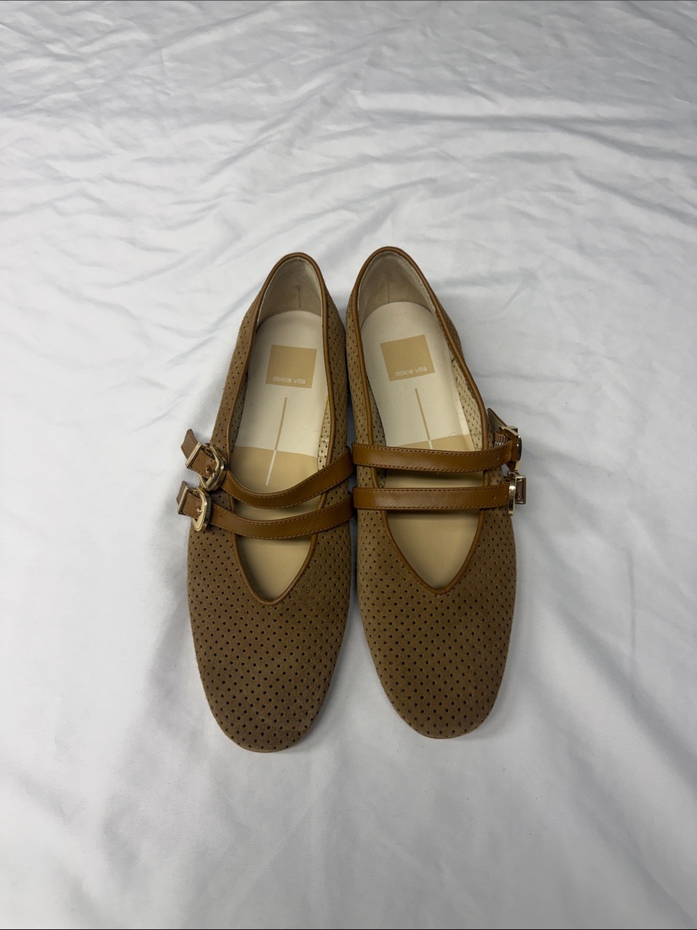 Dolce Vita Tan Double-Strap Perforated Flats